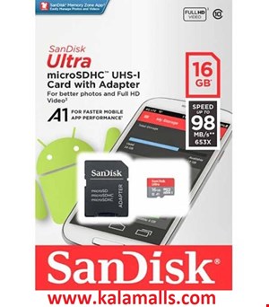  کارت حافظه microSDHC سن دیسک مدل Ultra A1 کلاس 10 استاندارد UHS-I U1 سرعت 98MBps ظرفیت 16 گیگابایت به همراه آداپتور SD  